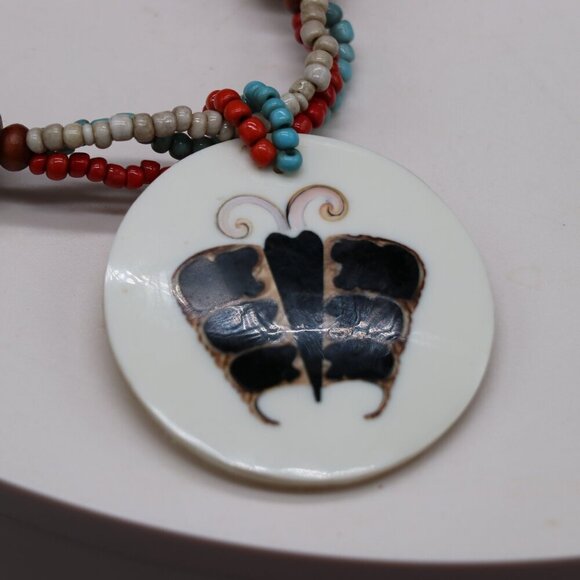 3-Strand Sead Bead Necklace with Handcut, Hand Inlay, Mother of Pearl Pendant - Picture 4 of 6